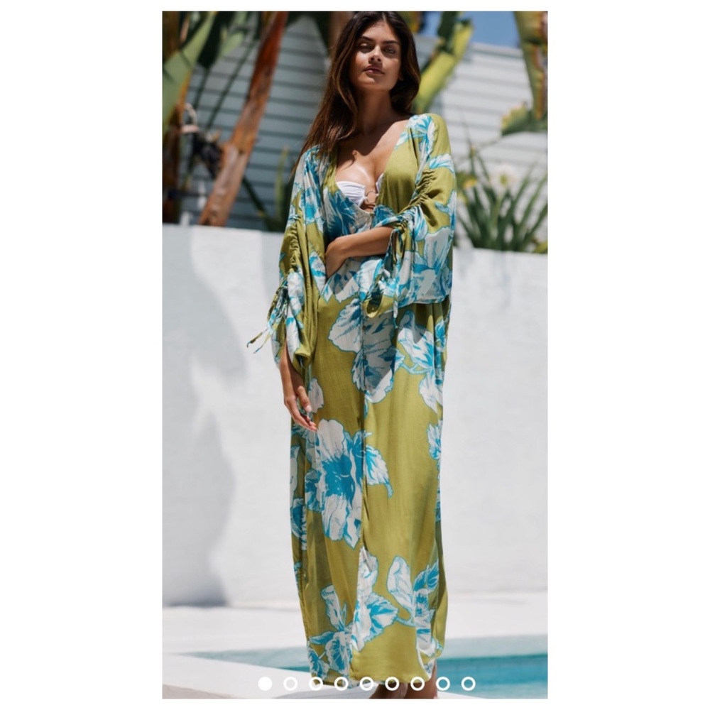 Anthropologie Olive Green Maxi Kimono with Blue Floral Print